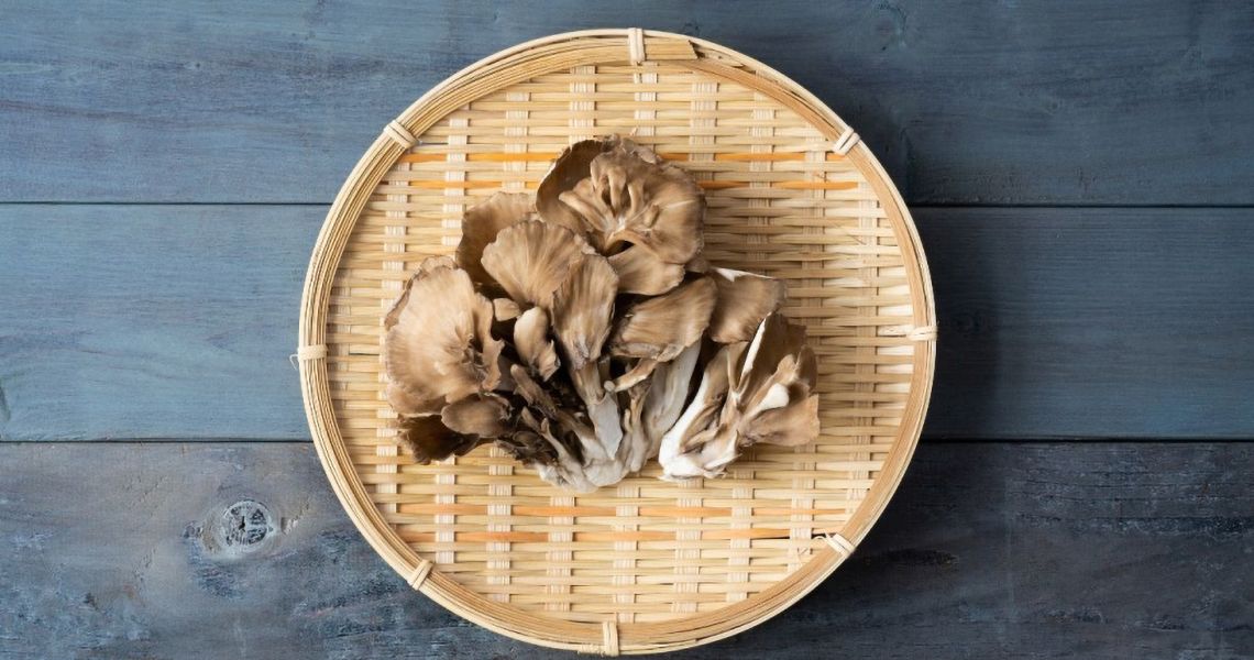 Mushrooms on a woven basket 