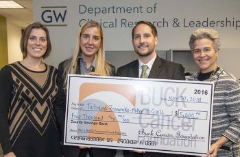 four people standing in the Department of Clinical Research & Leadership holding a large check