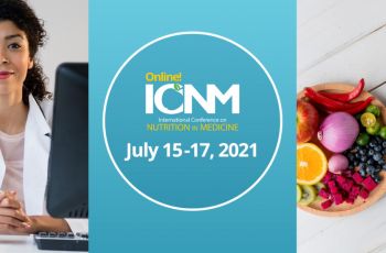 A doctor, the ICNM logo with the dates of the conference, bowl of fruit and veggies surrounded by a stethoscope